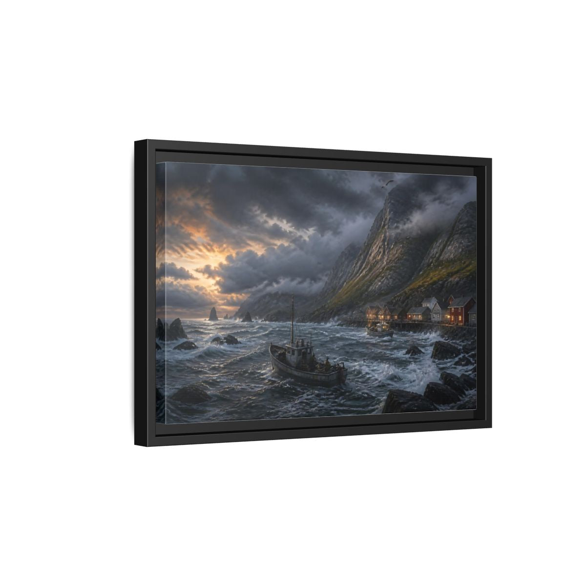 Side Mockup 6. Stormy Fishing Boat By Village shown as framed canvas print