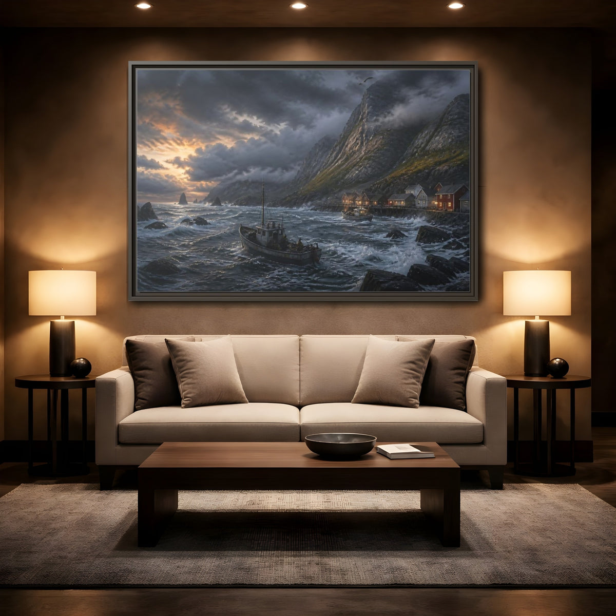 Mockup 2. Stormy Fishing Boat By Village shown as framed canvas print