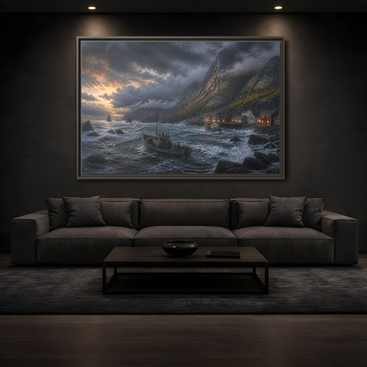 Mockup 3. Stormy Fishing Boat By Village shown as framed canvas print