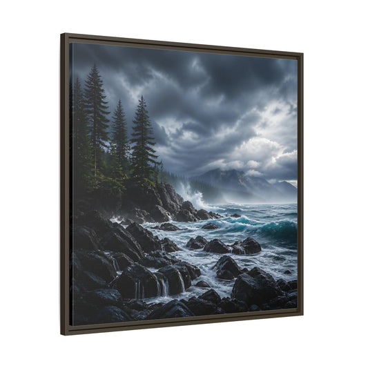 Main Mockup. Stormy Pine Coast Landscape shown as framed canvas print