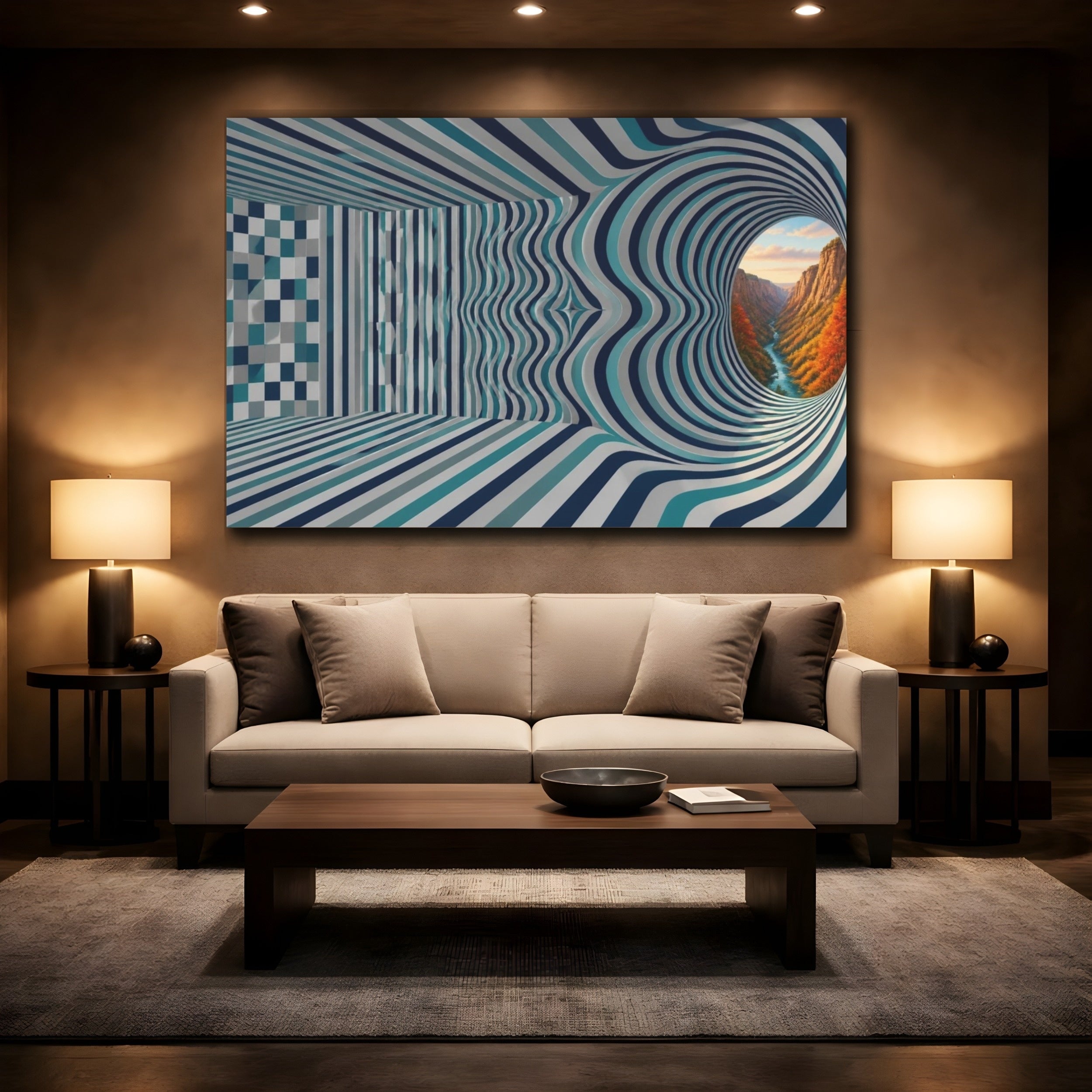 Mockup 2. Striped Tunnel Illusion shown as canvas print
