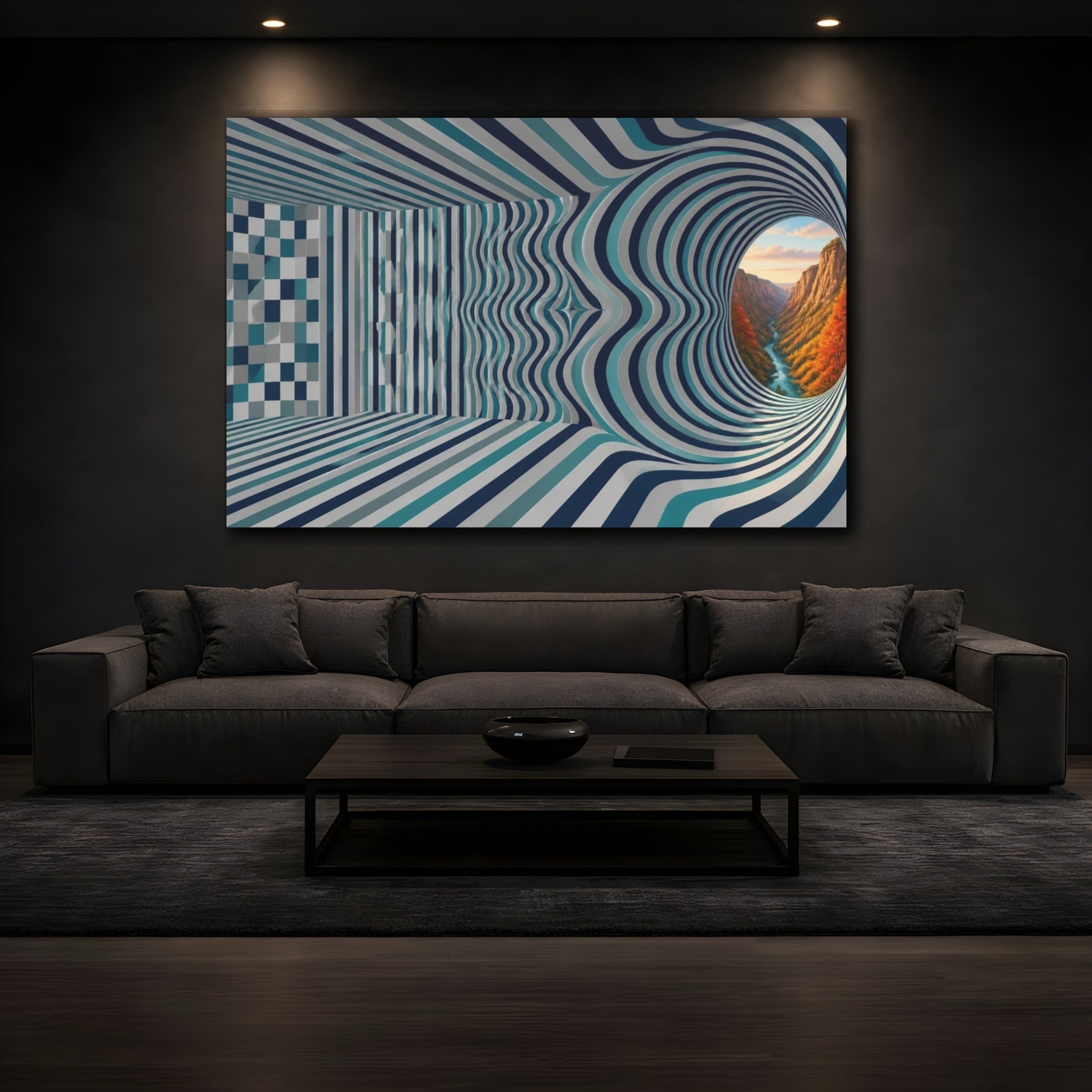 Mockup 3. Striped Tunnel Illusion shown as canvas print