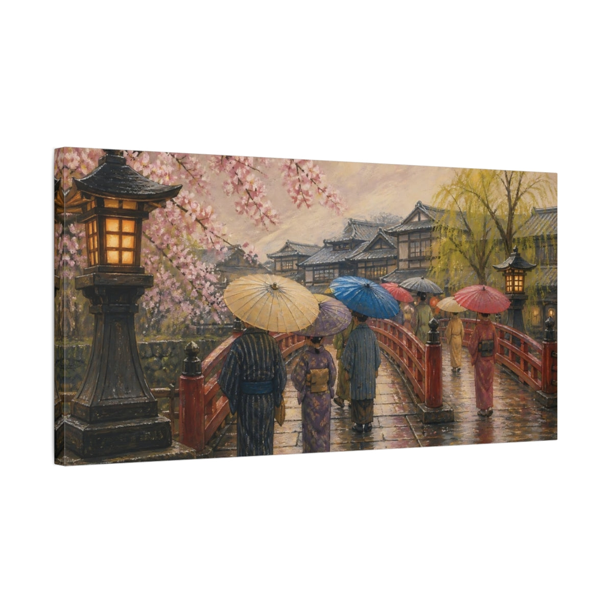 Side Mockup 1. Stroll On Red Bridge shown as canvas print