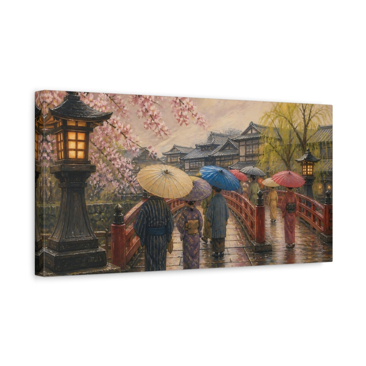 Side Mockup 3. Stroll On Red Bridge shown as canvas print