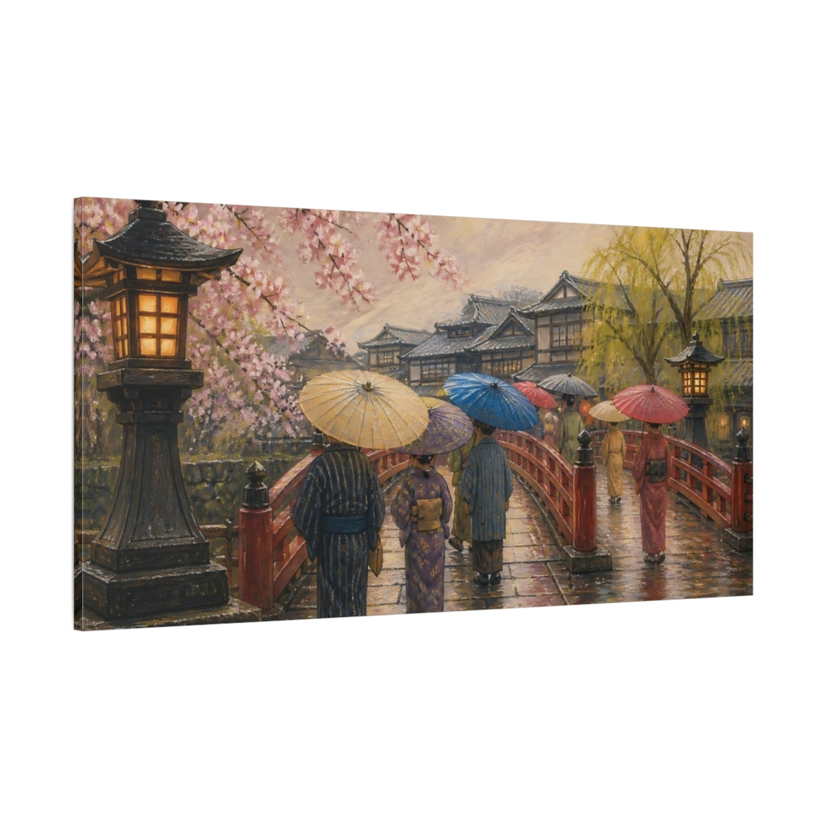 Side Mockup 2. Stroll On Red Bridge shown as canvas print