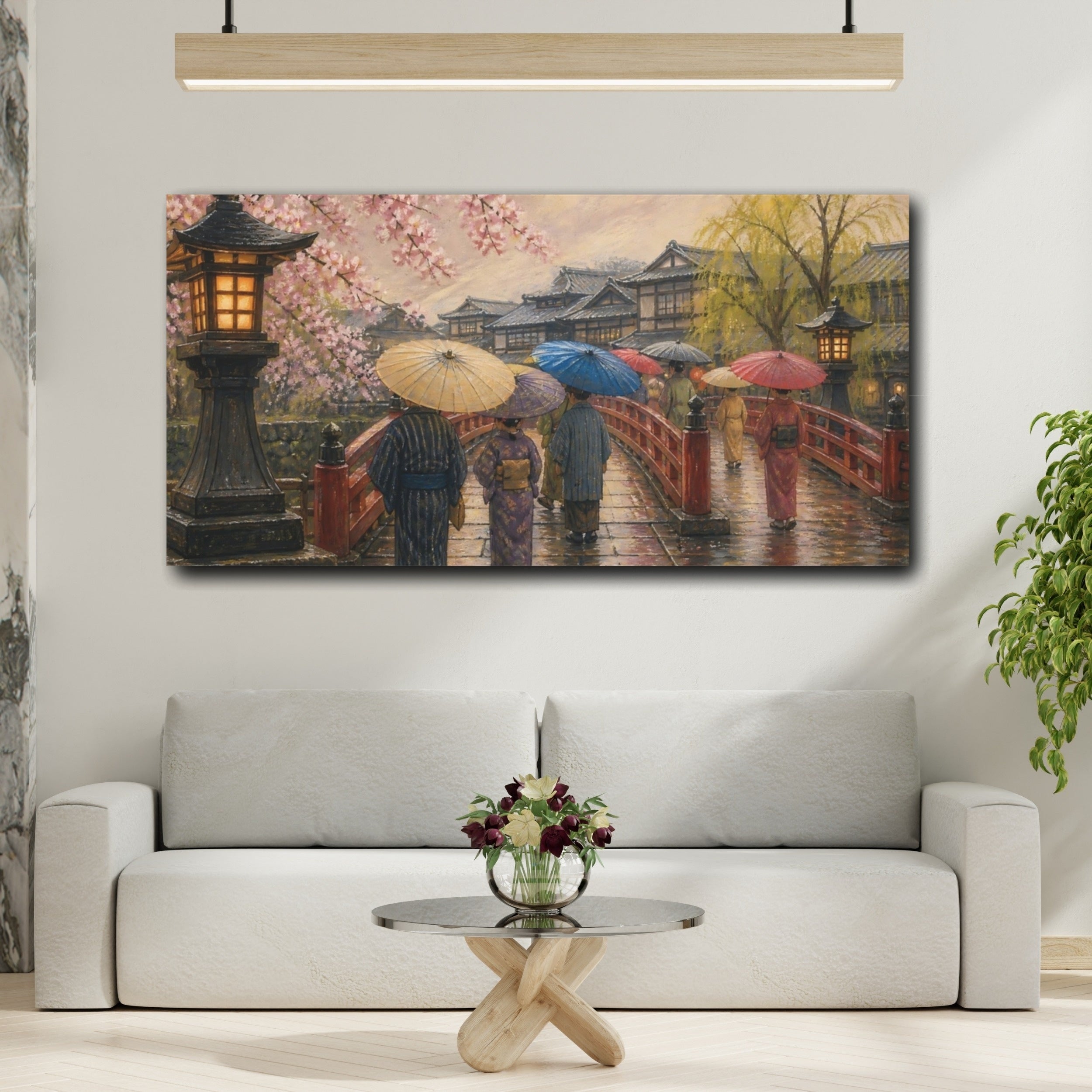 Mockup 2. Stroll On Red Bridge shown as canvas print