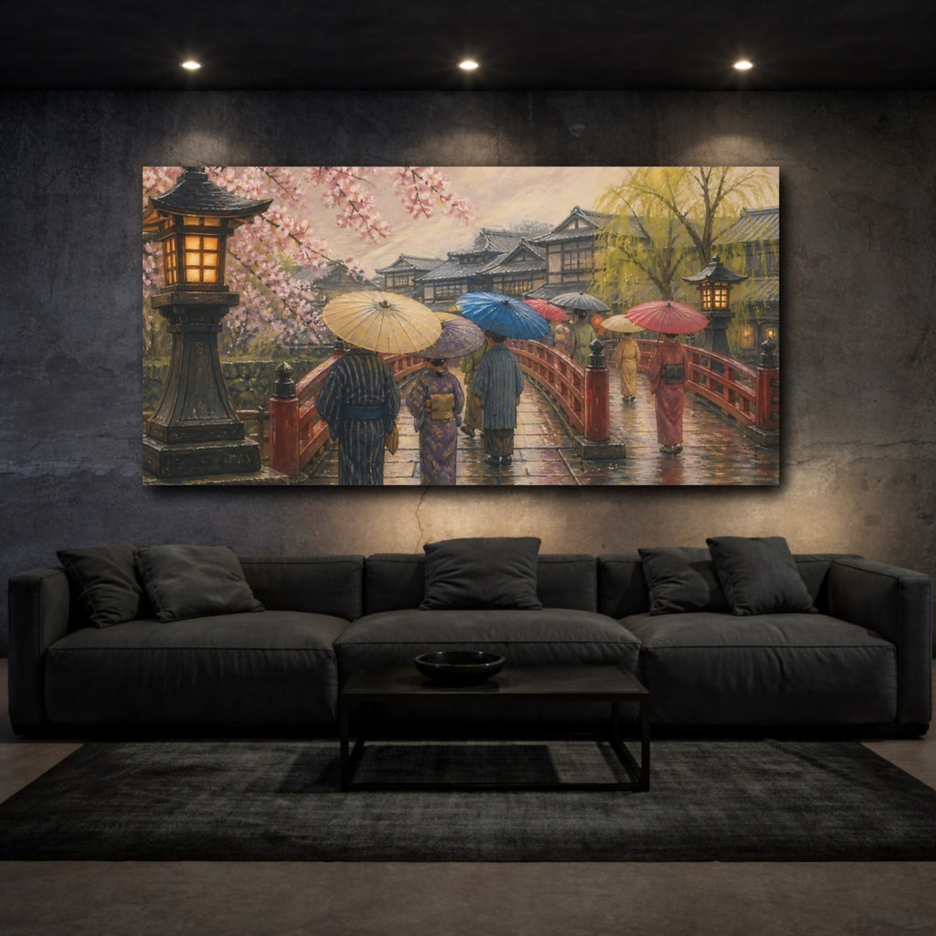 Mockup 3. Stroll On Red Bridge shown as canvas print