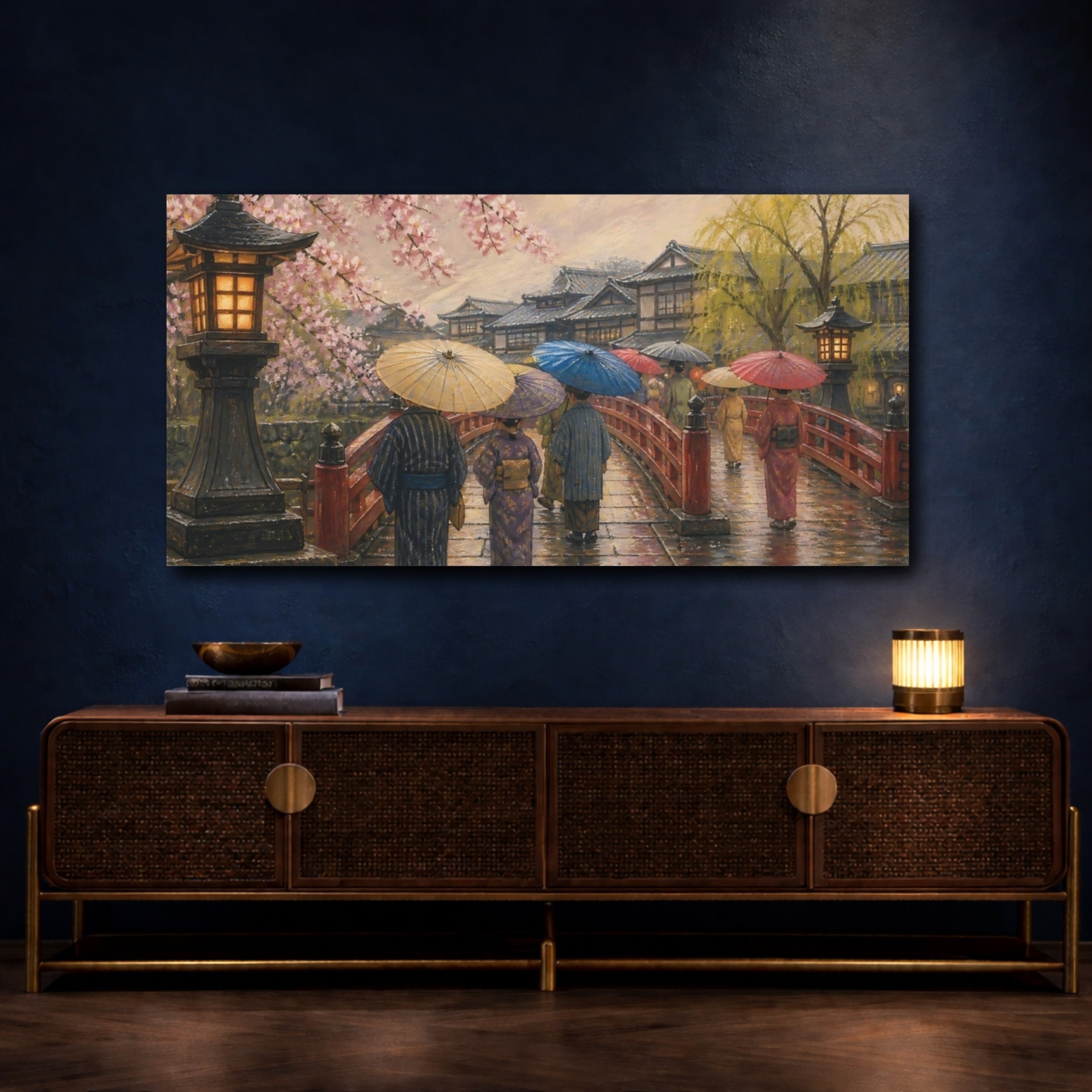 Mockup 4. Stroll On Red Bridge shown as canvas print
