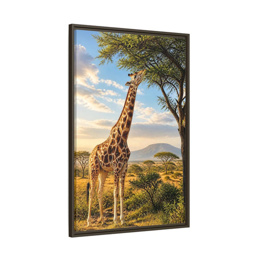 Main Mockup. Sunlit Animals Giraffe shown as framed canvas print