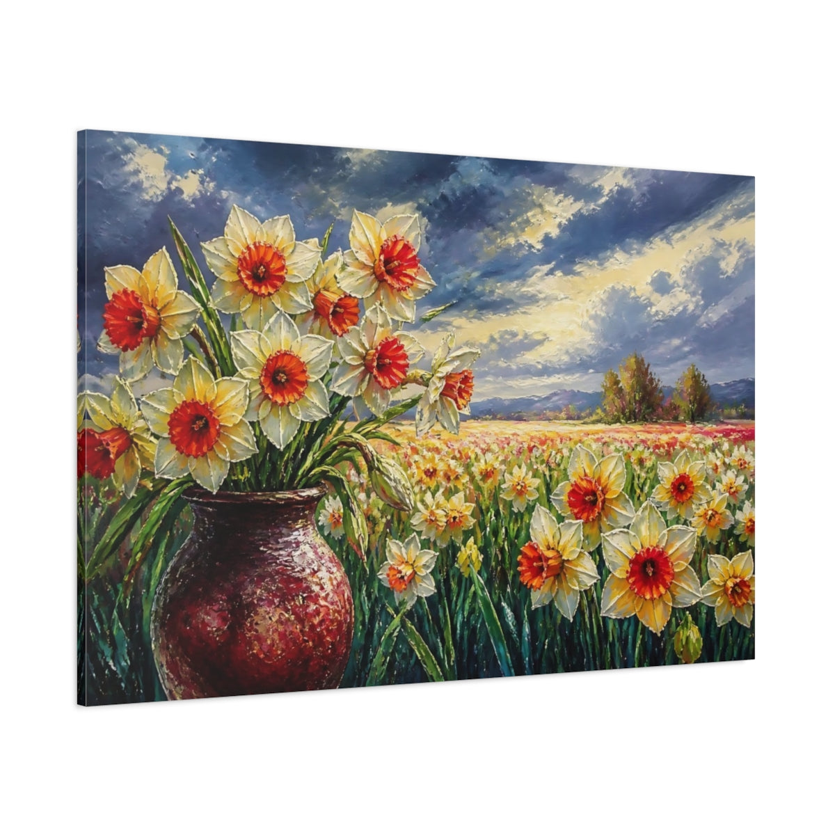 Side Mockup 1. Sunlit Daffodil Bouquet shown as canvas print