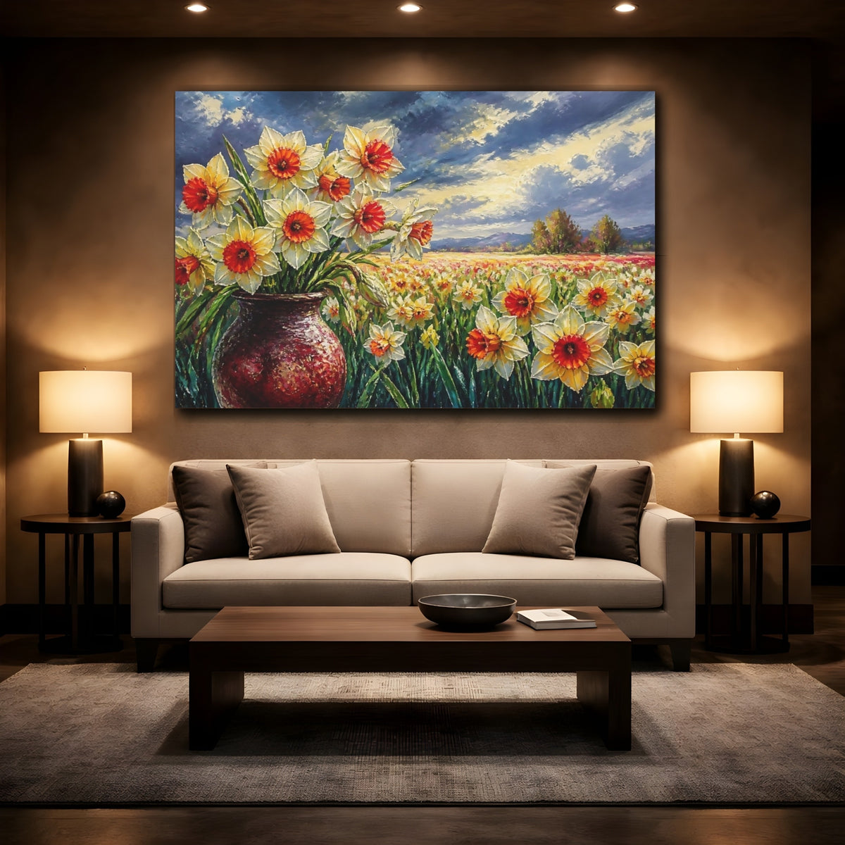 Mockup 2. Sunlit Daffodil Bouquet shown as canvas print