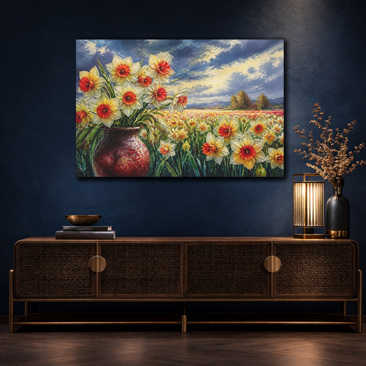 Mockup 4. Sunlit Daffodil Bouquet shown as canvas print