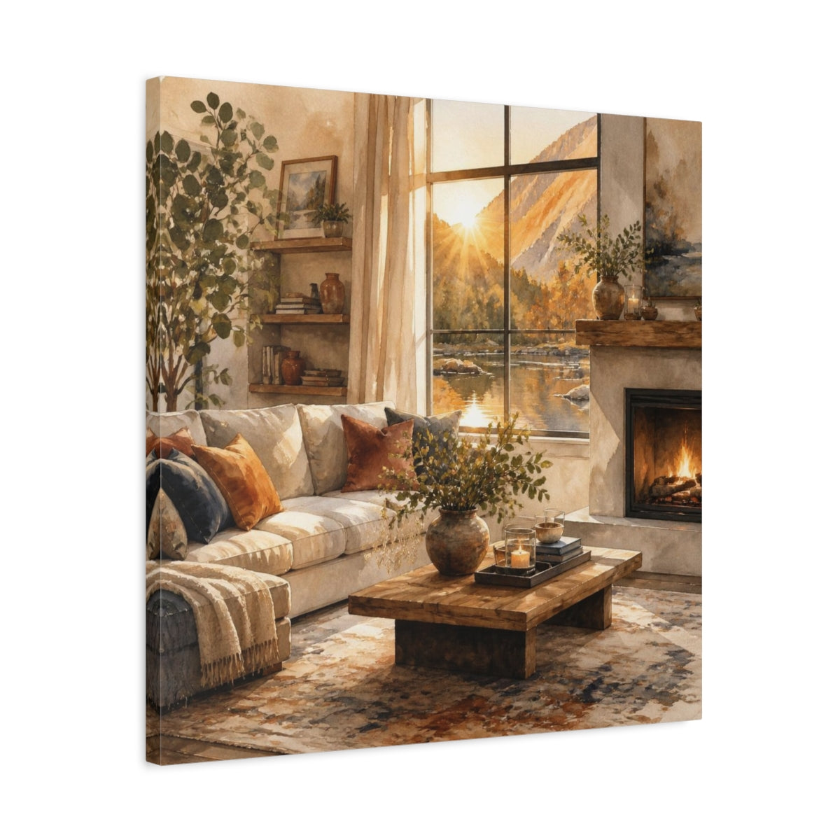 Side Mockup 4. Sunlit Living Room Sofa shown as canvas print