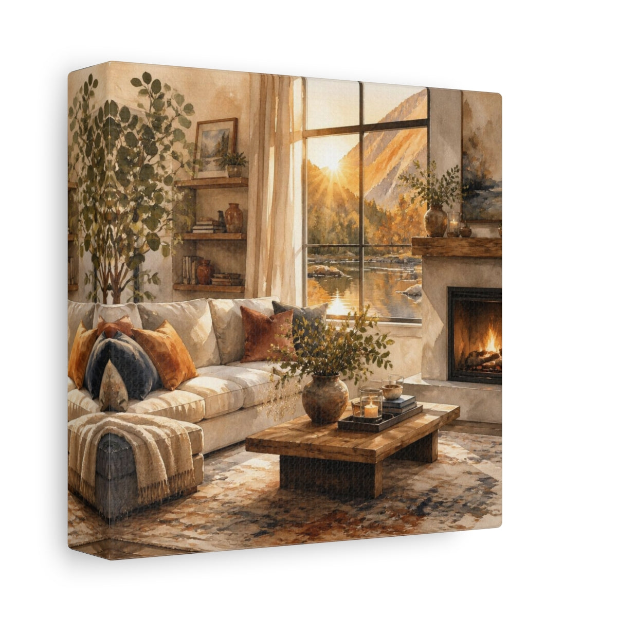 Side Mockup 2. Sunlit Living Room Sofa shown as canvas print