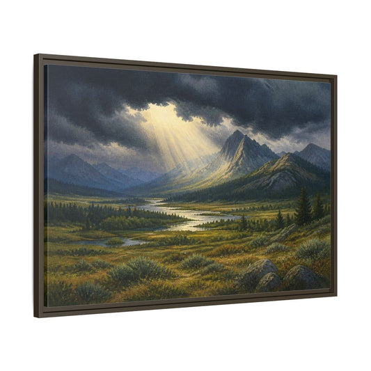 Main Mockup. Sunlit Mountain Landscape shown as framed canvas print