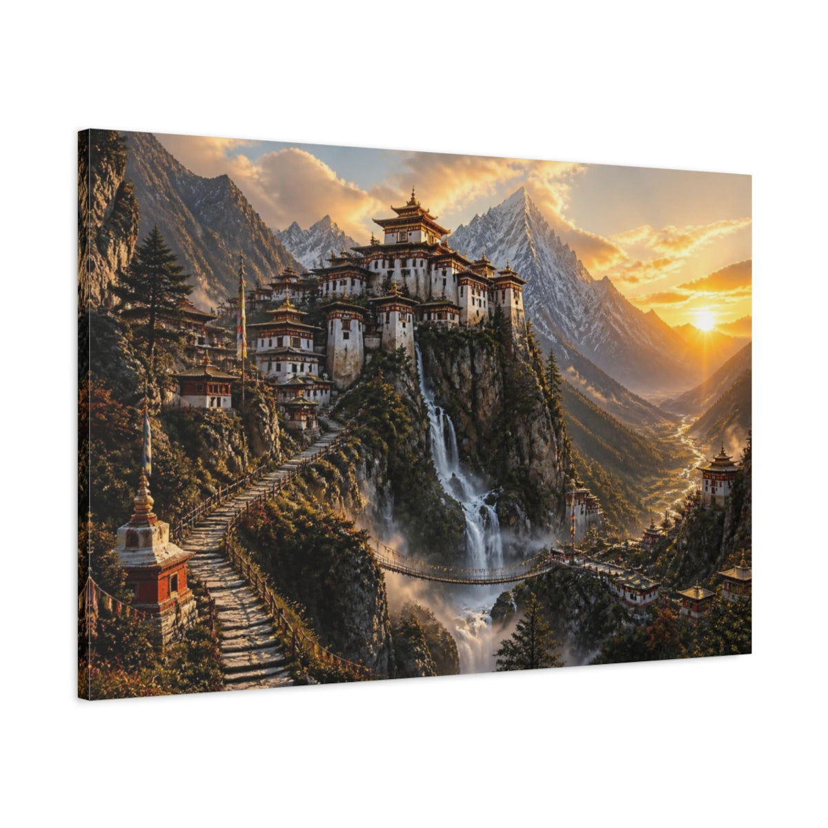 Main Mockup. Sunlit Mountain Monastery Landscape shown as canvas print