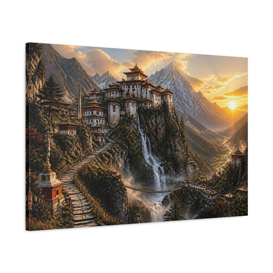 Main Mockup. Sunlit Mountain Monastery Landscape shown as canvas print