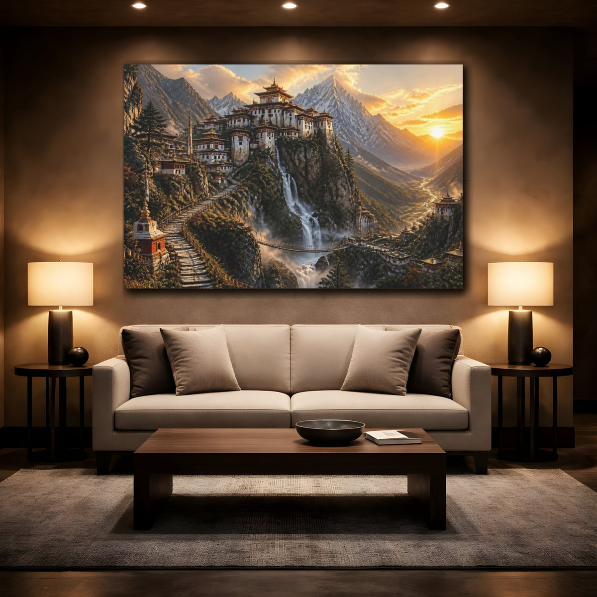 Mockup 2. Sunlit Mountain Monastery Landscape shown as canvas print