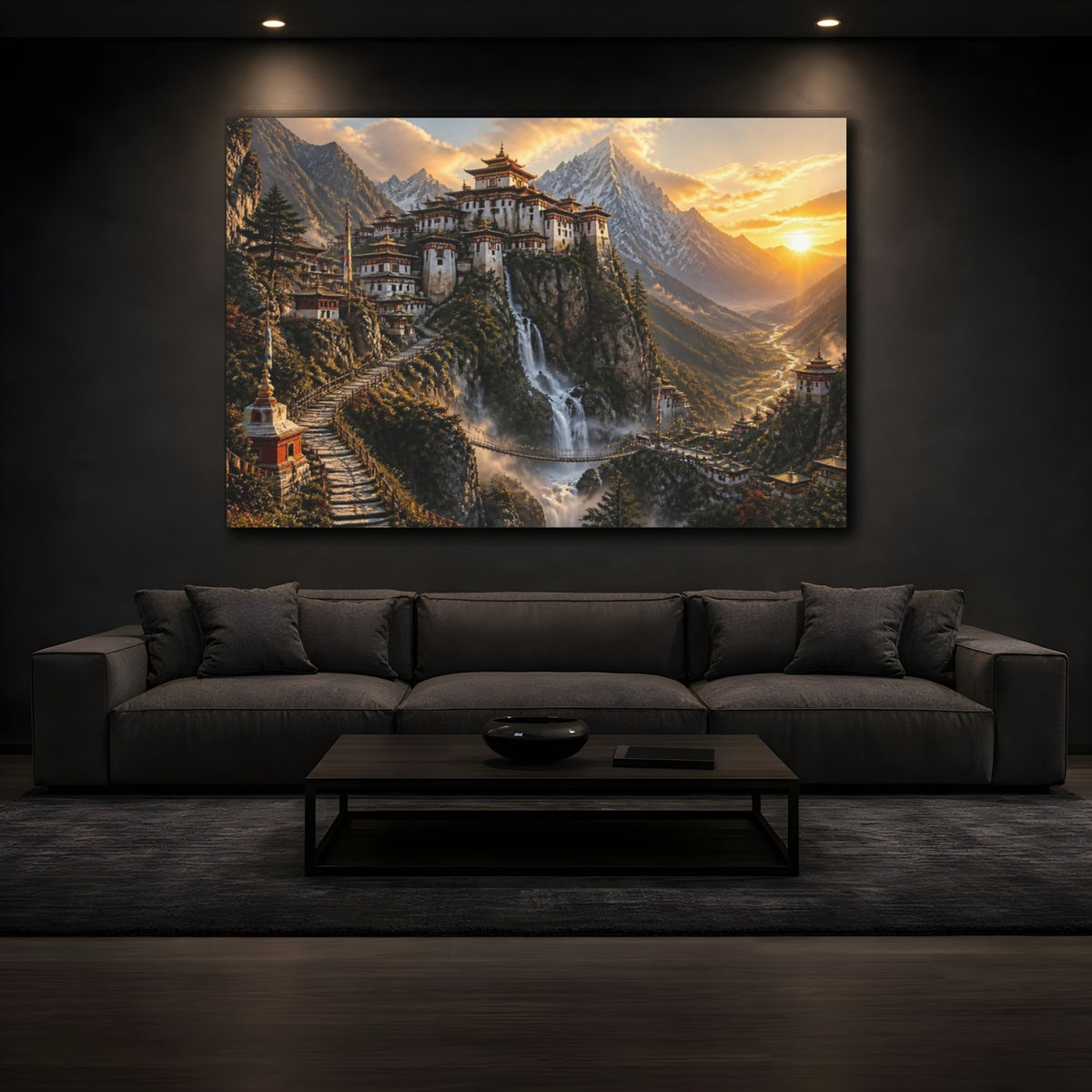 Mockup 3. Sunlit Mountain Monastery Landscape shown as canvas print