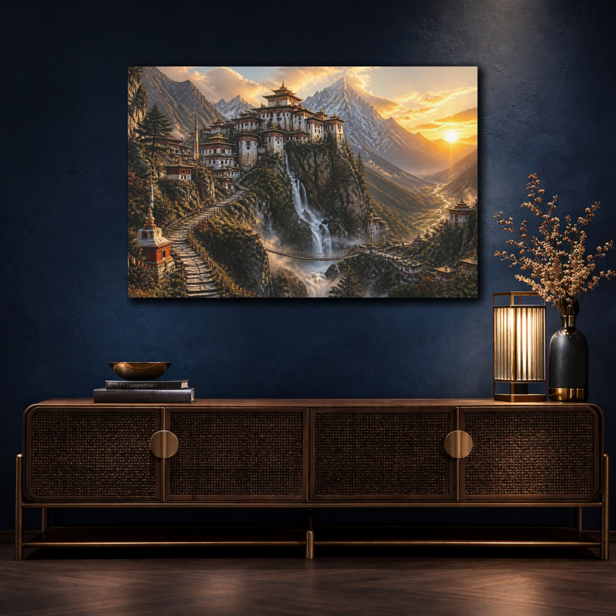 Mockup 4. Sunlit Mountain Monastery Landscape shown as canvas print