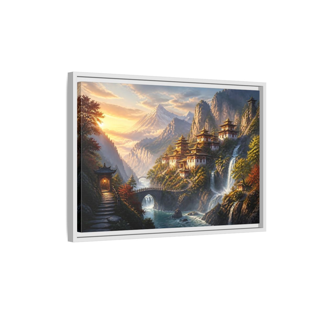 Side Mockup 1. Sunlit Mountain Temple shown as framed canvas print