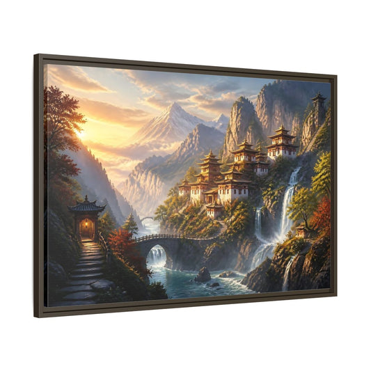 Main Mockup. Sunlit Mountain Temple shown as framed canvas print
