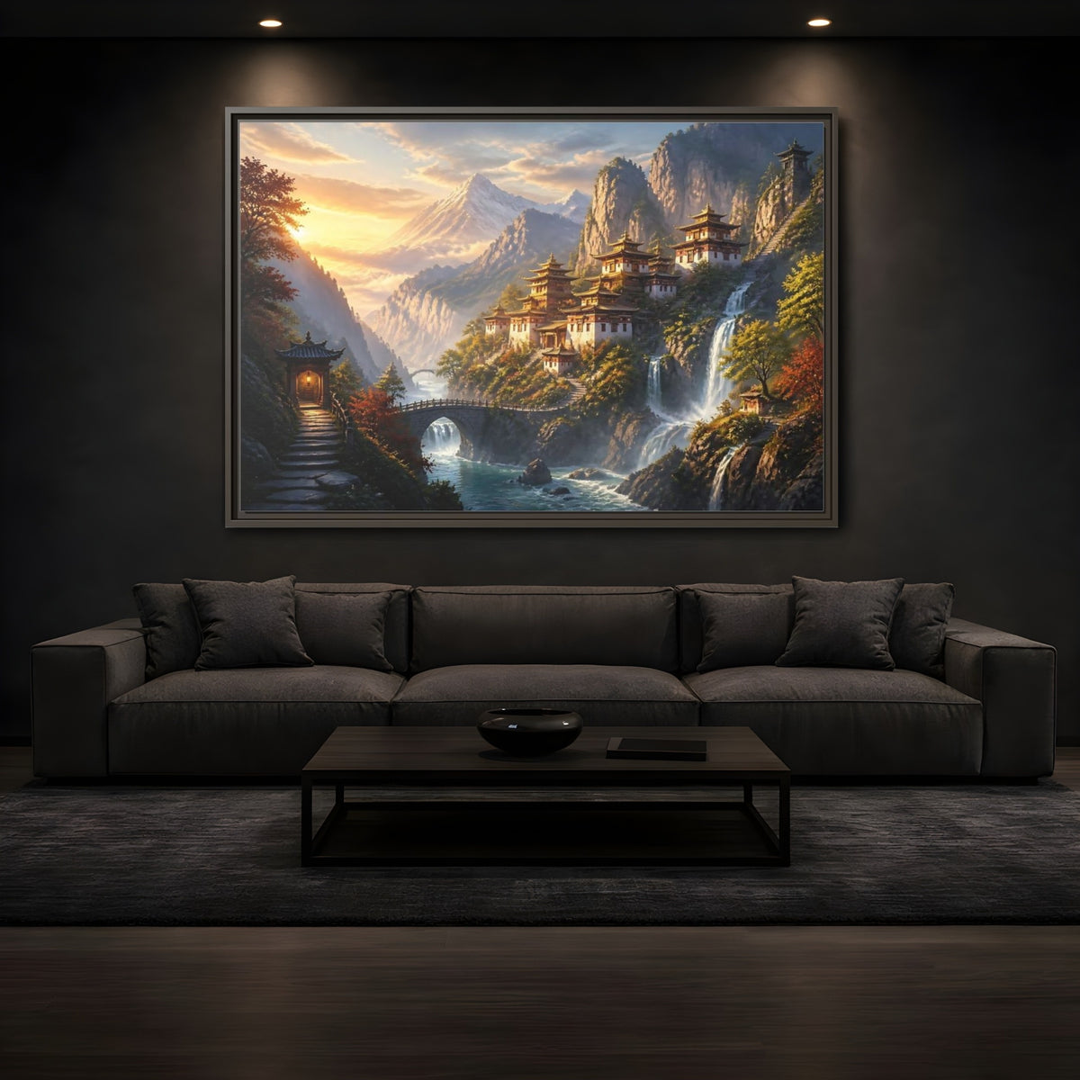 Mockup 3. Sunlit Mountain Temple shown as framed canvas print