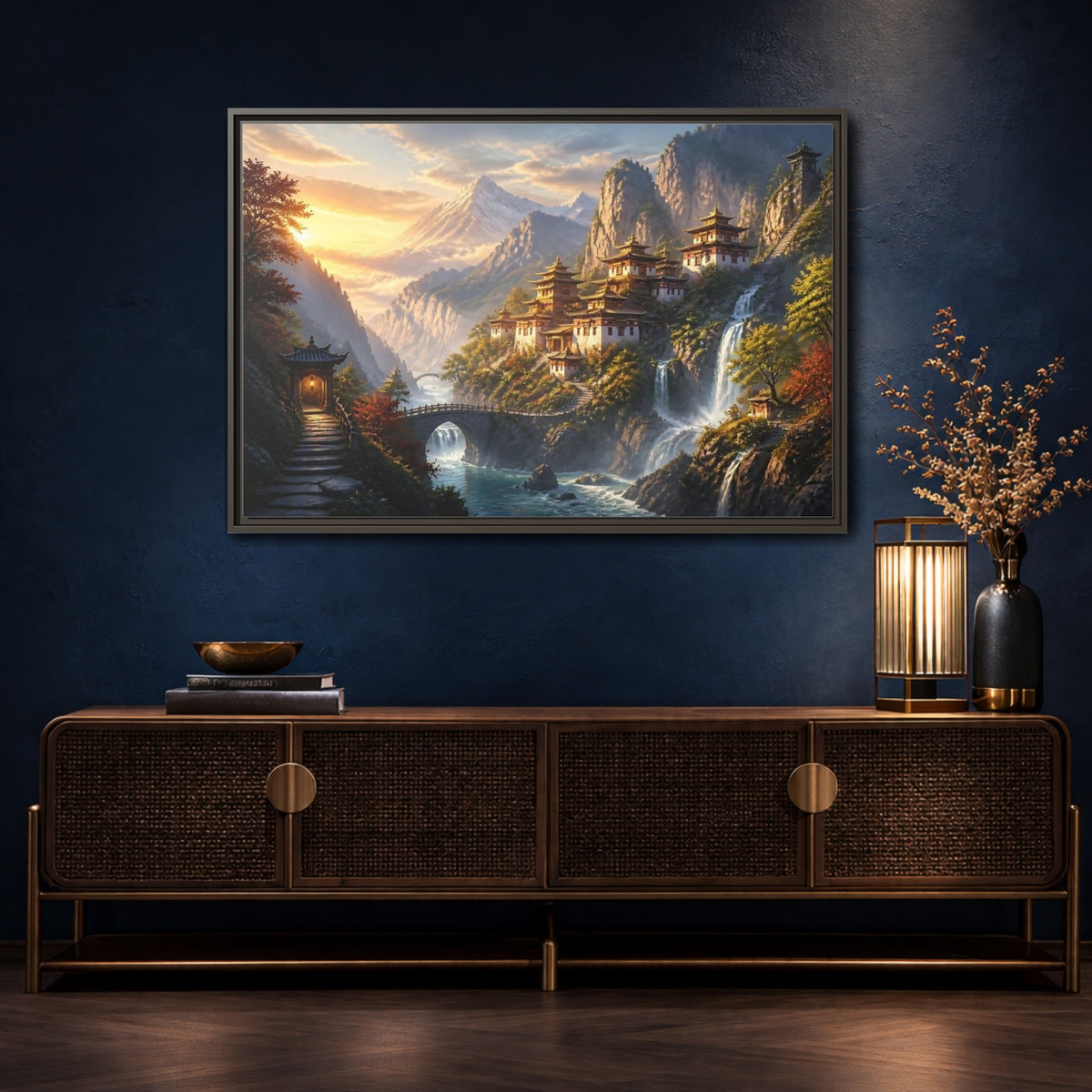Mockup 4. Sunlit Mountain Temple shown as framed canvas print