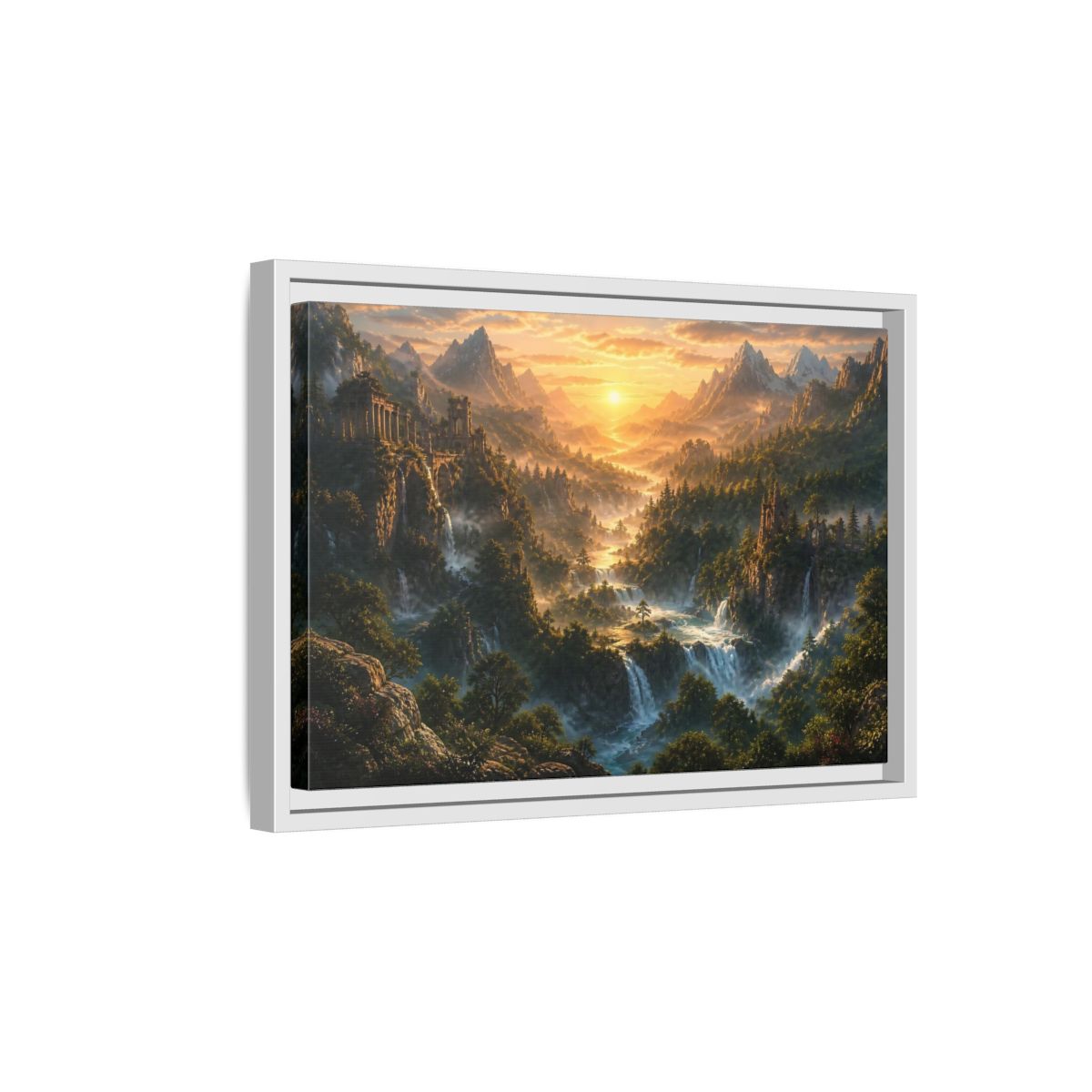 Side Mockup 4. Sunlit Mountain Valley Ruins shown as framed canvas print