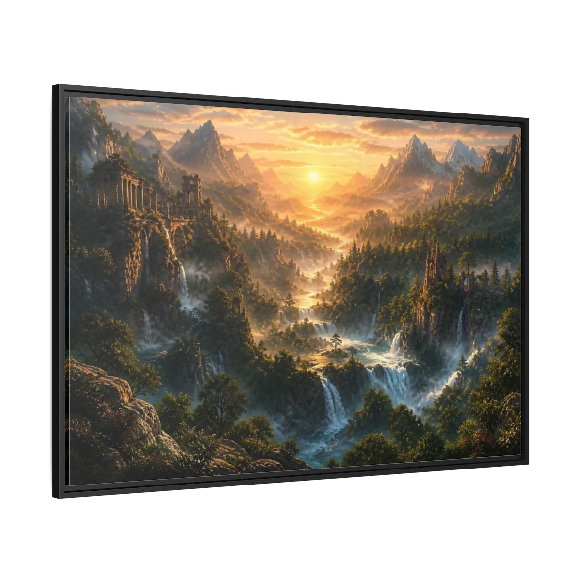 Side Mockup 12. Sunlit Mountain Valley Ruins shown as framed canvas print