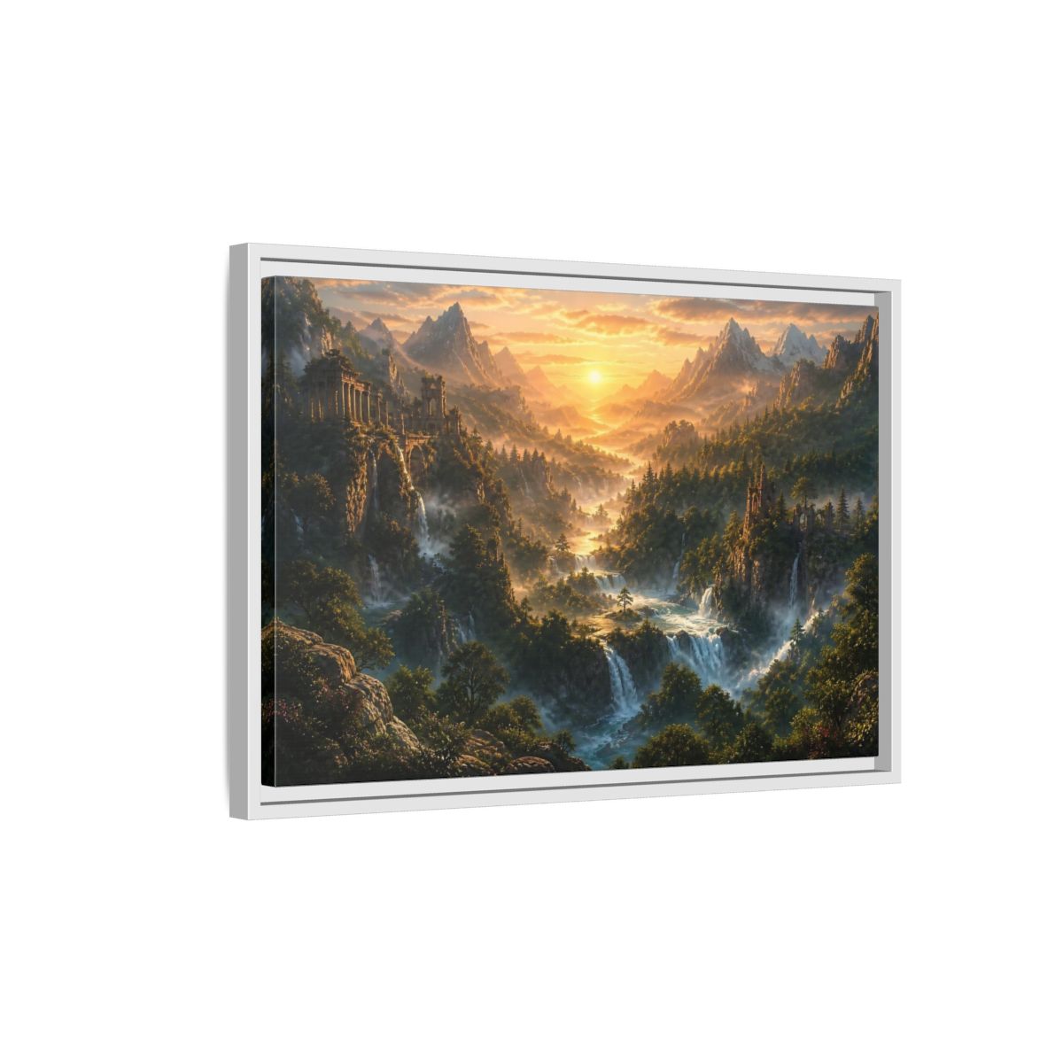 Side Mockup 1. Sunlit Mountain Valley Ruins shown as framed canvas print