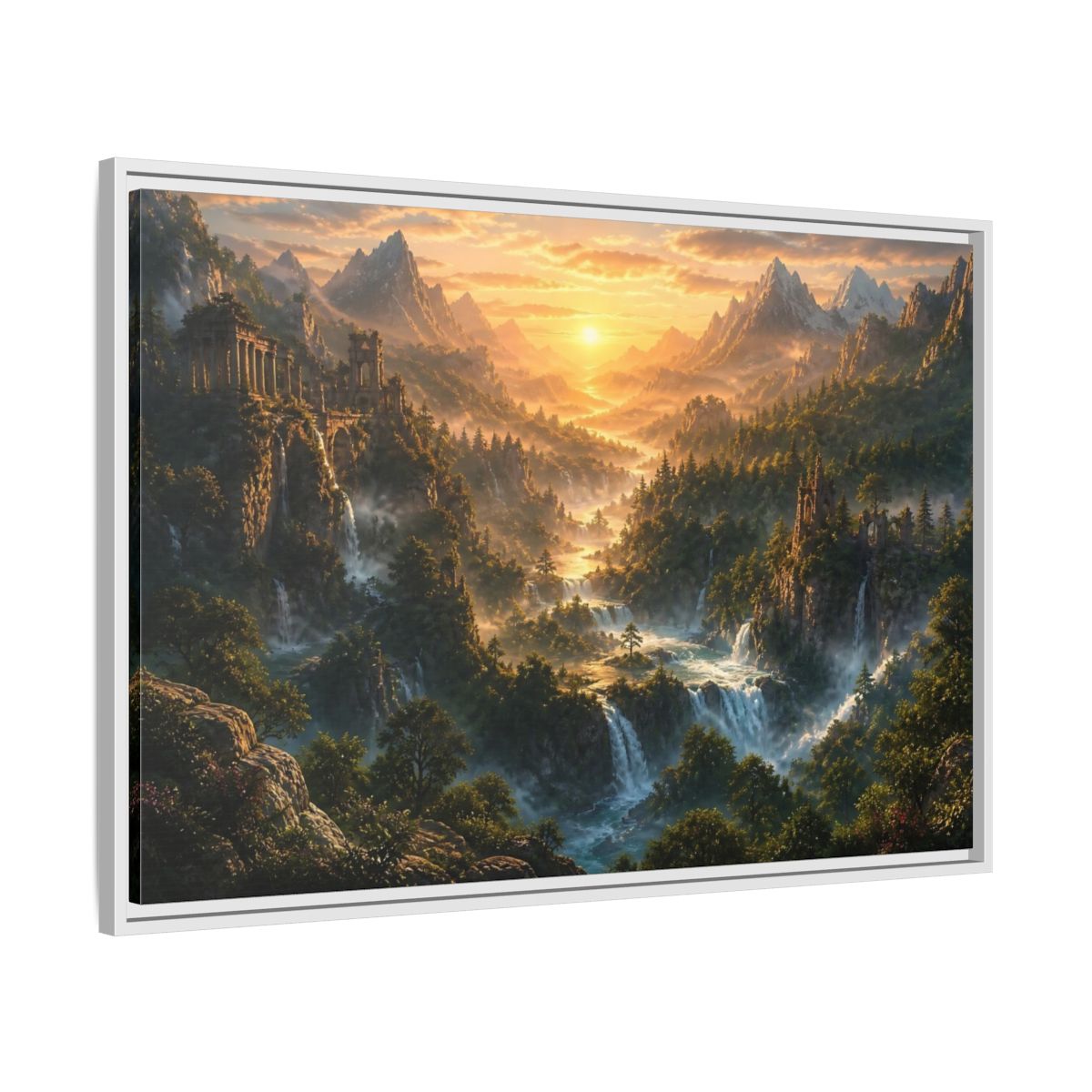 Side Mockup 9. Sunlit Mountain Valley Ruins shown as framed canvas print