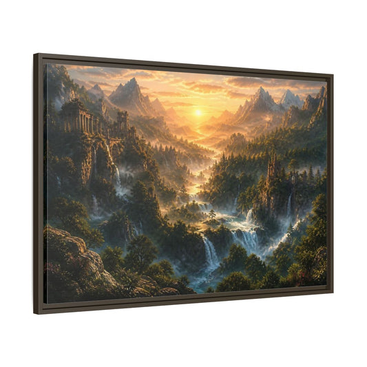 Main Mockup. Sunlit Mountain Valley Ruins shown as framed canvas print