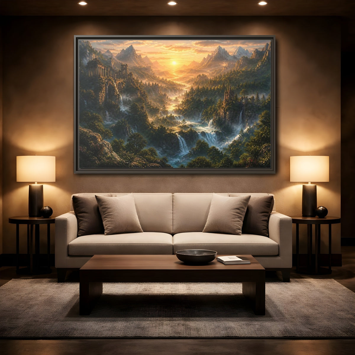 Mockup 2. Sunlit Mountain Valley Ruins shown as framed canvas print