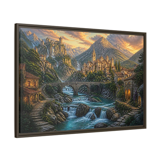 Main Mockup. Sunlit Mountain Village shown as framed canvas print