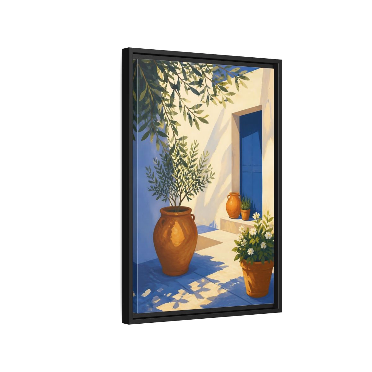 Side Mockup 3. Sunlit Potted Plants shown as framed canvas print
