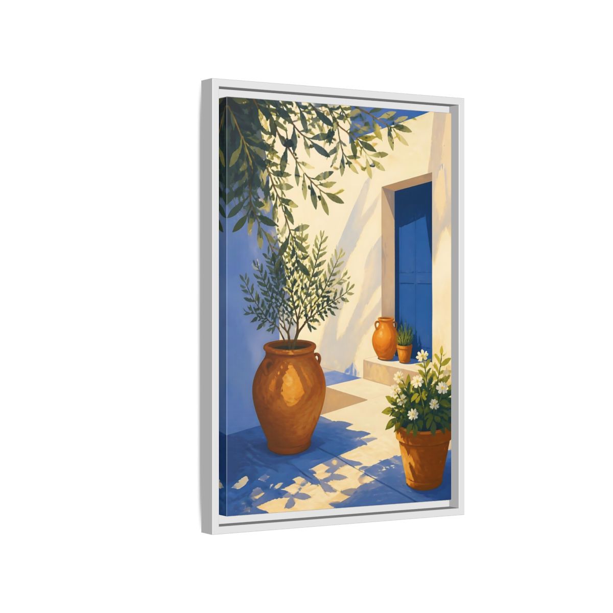 Side Mockup 1. Sunlit Potted Plants shown as framed canvas print