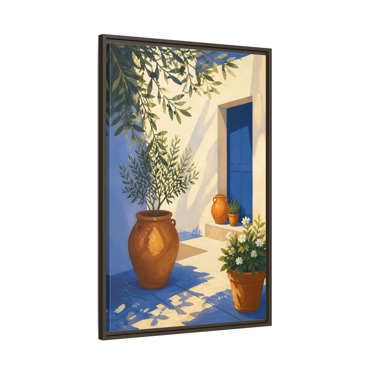 Main Mockup. Sunlit Potted Plants shown as framed canvas print