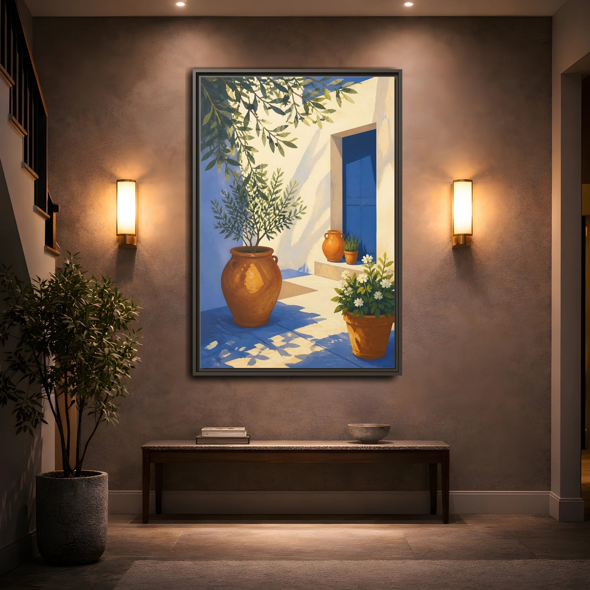 Mockup 2. Sunlit Potted Plants shown as framed canvas print