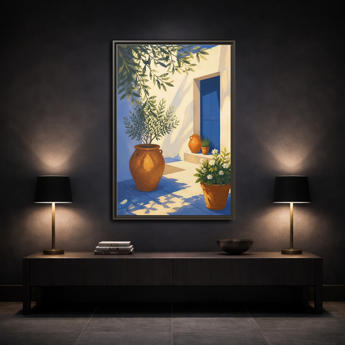 Mockup 3. Sunlit Potted Plants shown as framed canvas print