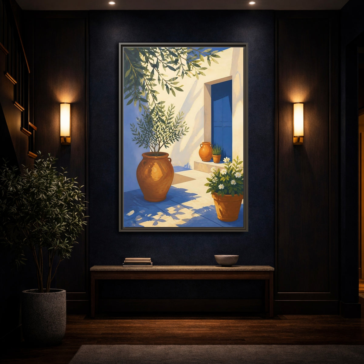 Mockup 4. Sunlit Potted Plants shown as framed canvas print