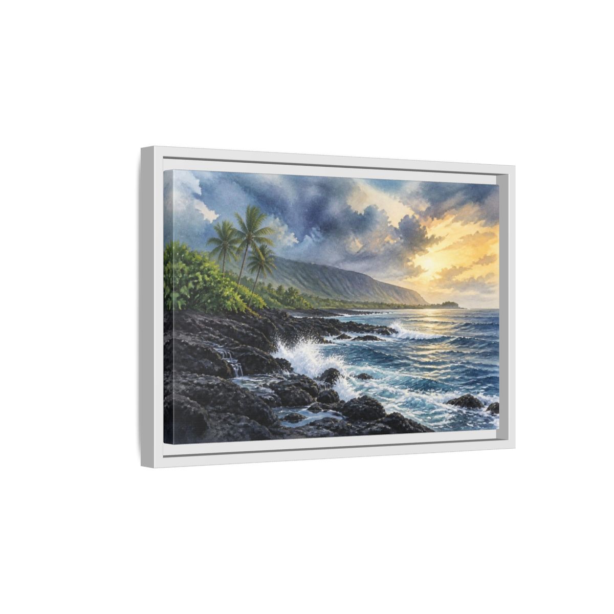 Side Mockup 4. Sunlit Rocky Shore Landscape shown as framed canvas print