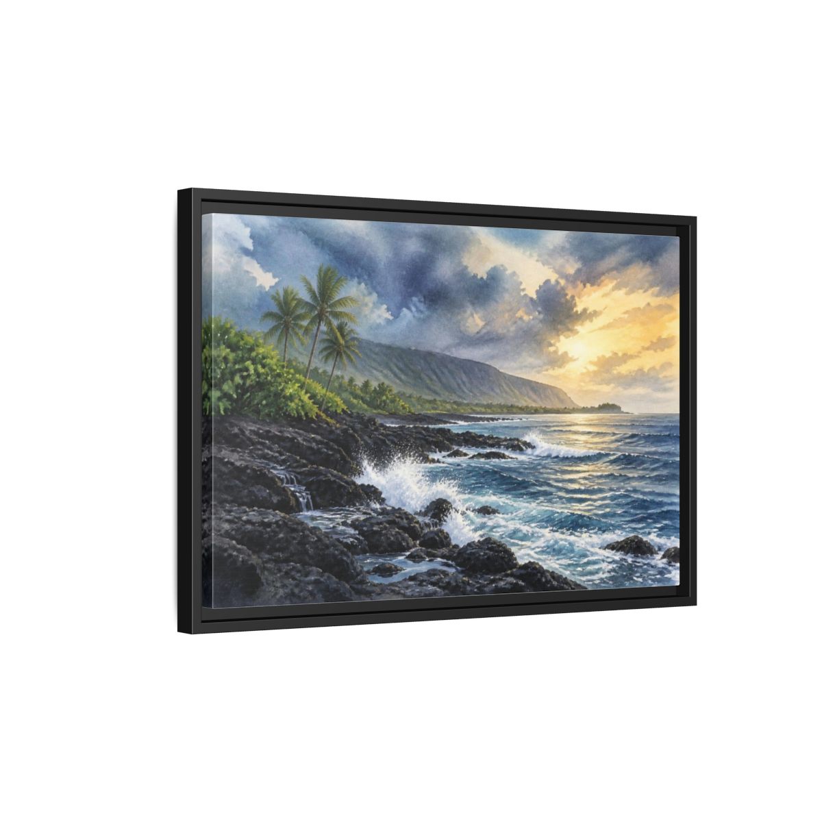 Side Mockup 3. Sunlit Rocky Shore Landscape shown as framed canvas print