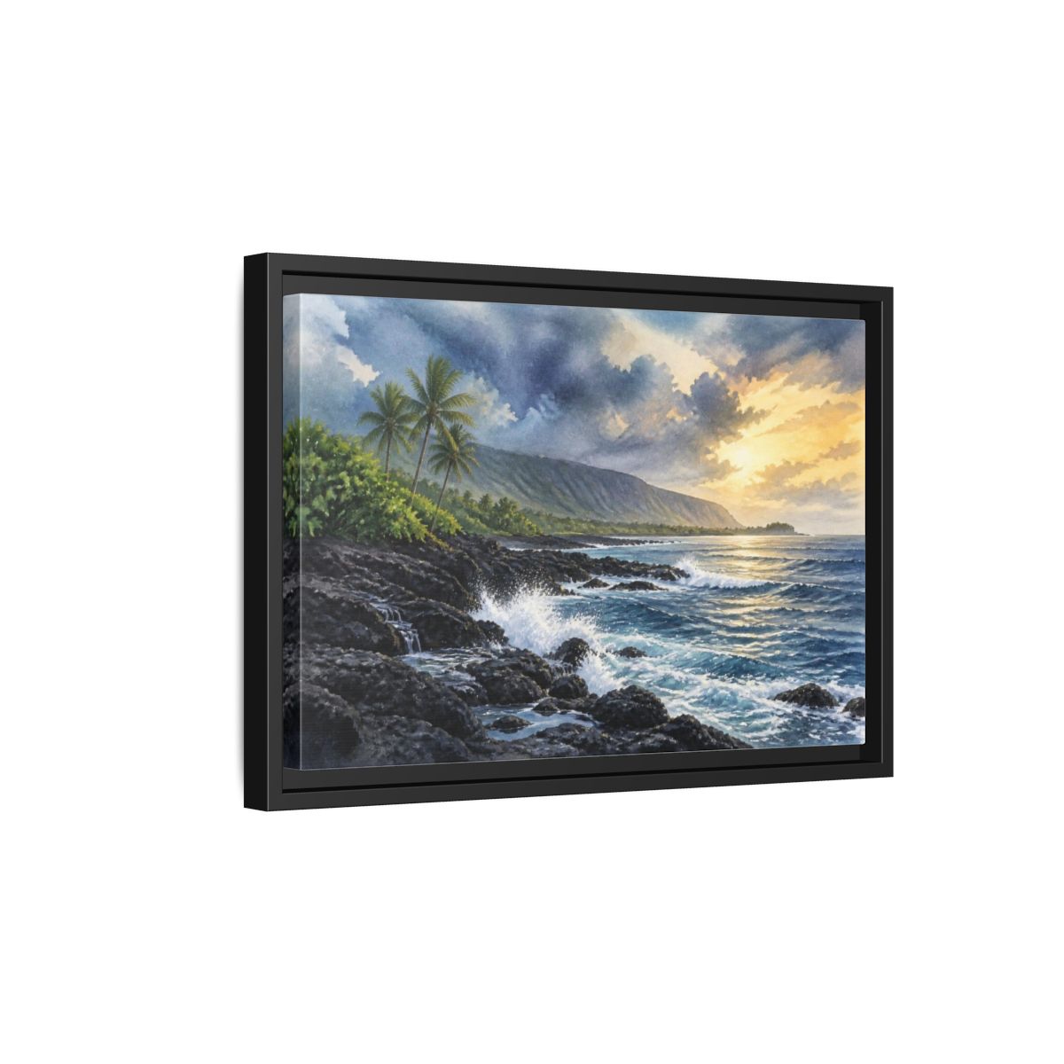 Side Mockup 6. Sunlit Rocky Shore Landscape shown as framed canvas print