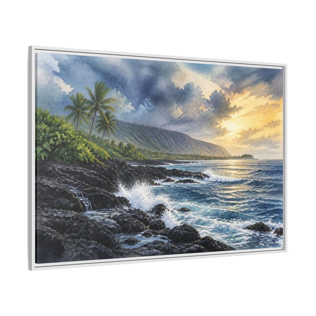Side Mockup 7. Sunlit Rocky Shore Landscape shown as framed canvas print