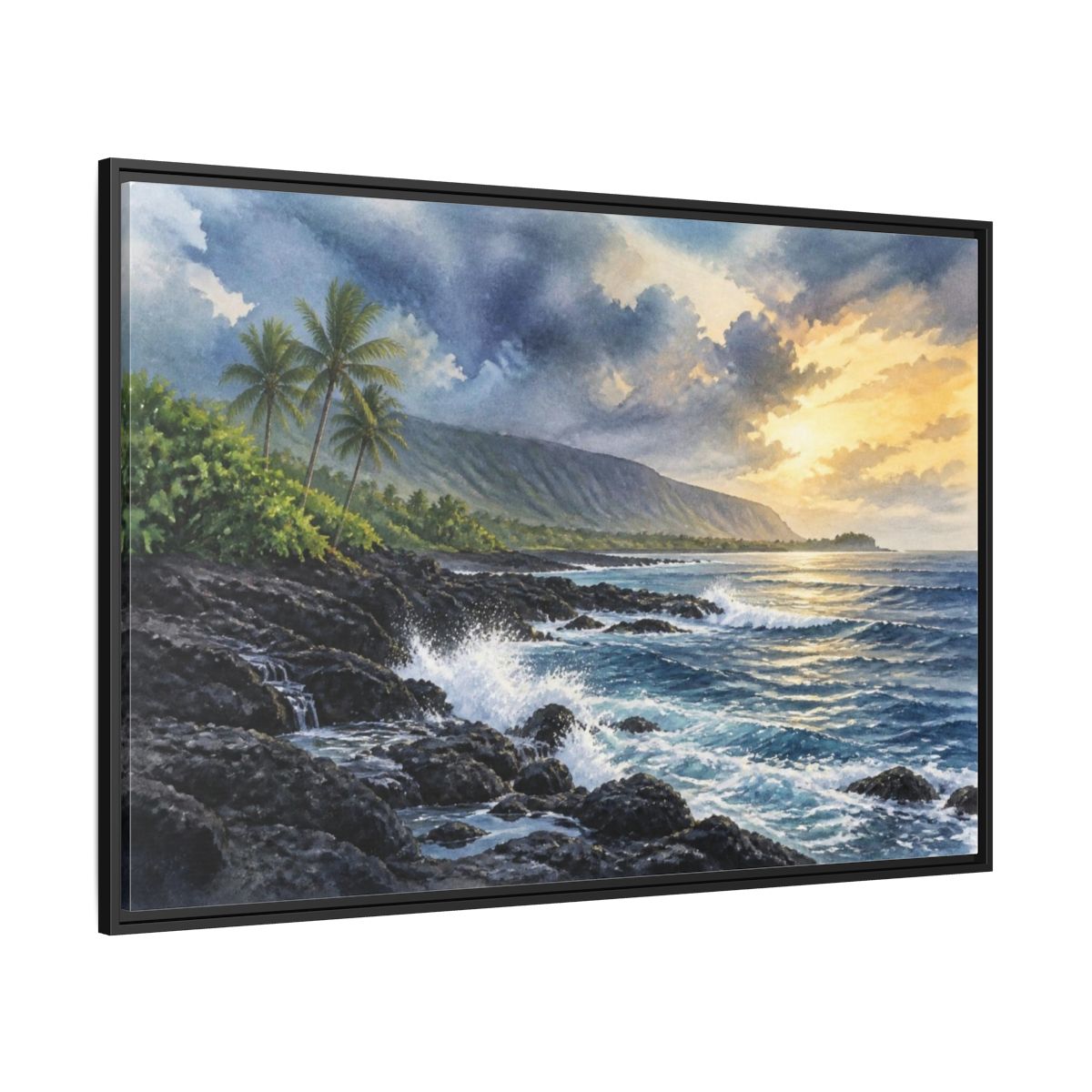 Side Mockup 12. Sunlit Rocky Shore Landscape shown as framed canvas print