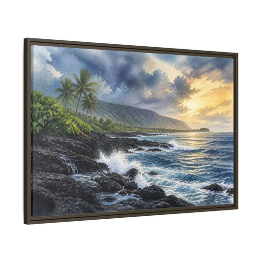 Main Mockup. Sunlit Rocky Shore Landscape shown as framed canvas print