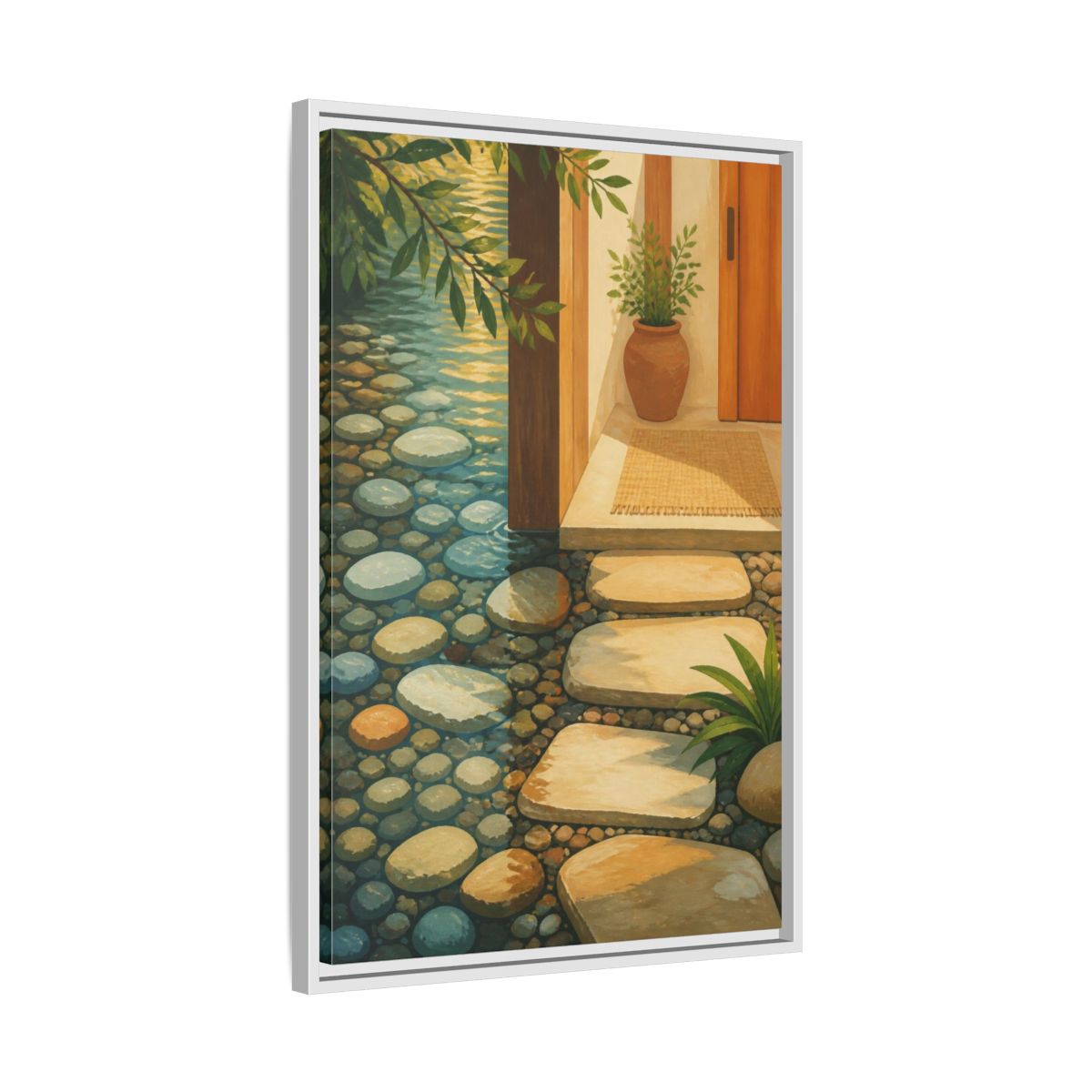 Side Mockup 10. Sunlit Stepping Stones shown as framed canvas print