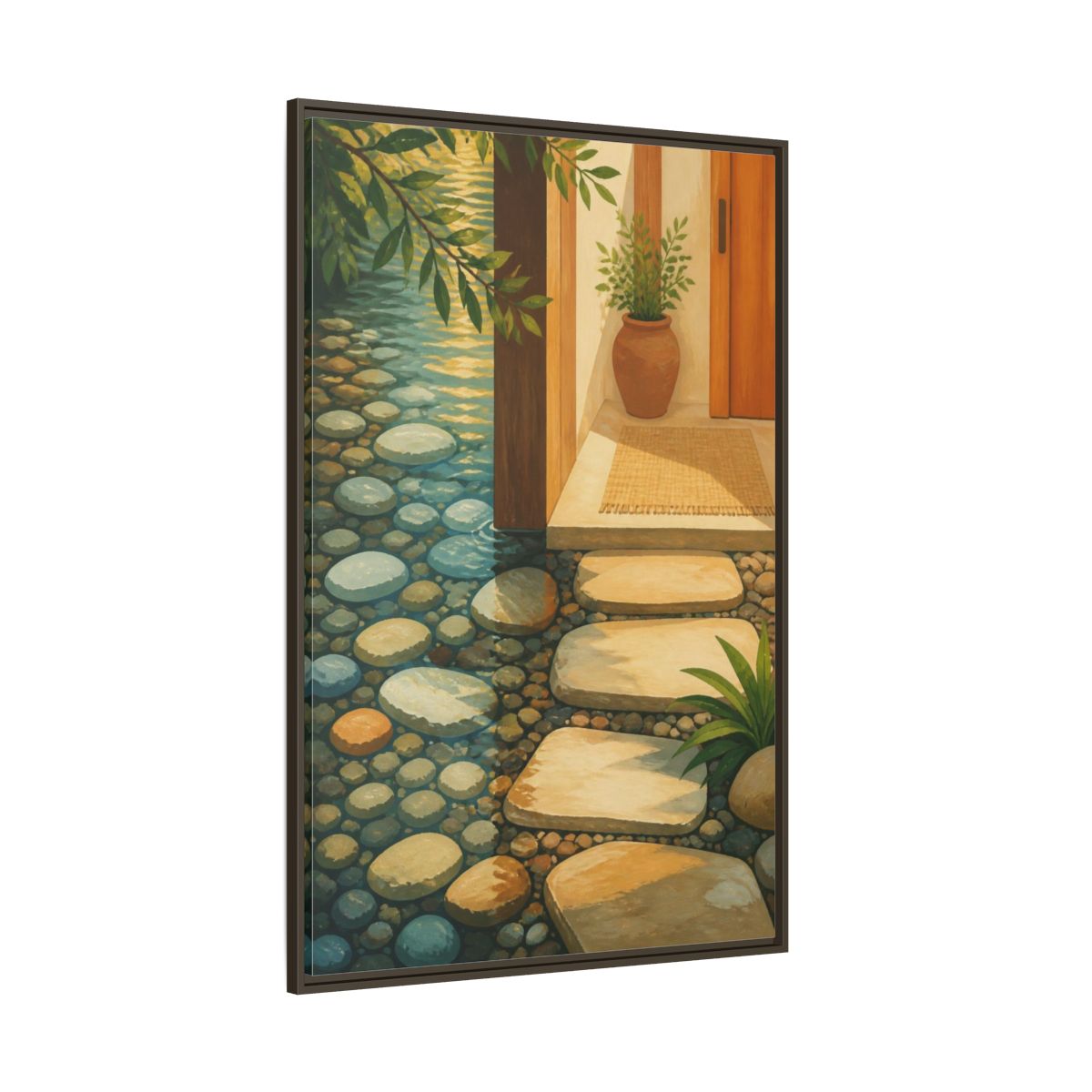 Side Mockup 8. Sunlit Stepping Stones shown as framed canvas print