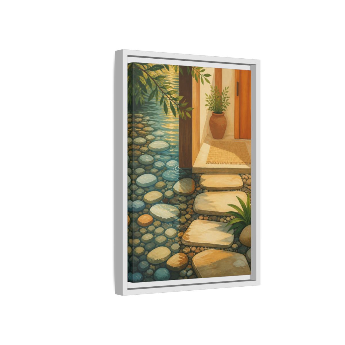 Side Mockup 4. Sunlit Stepping Stones shown as framed canvas print